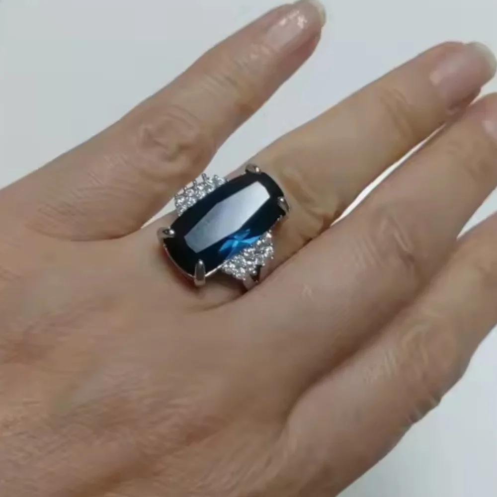 12 Ct 925 Silver Bridal Ring with Deep Blue Lab-created Sapphire Stone Sz 10